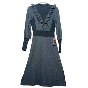 Warm NY Ruffle Dress Terry Knit Midi Gray Size MEDIUM New NWT